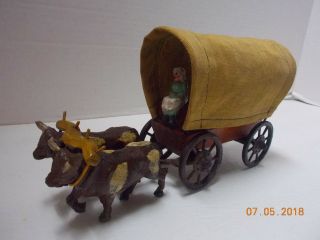 Vintage Cast Iron Bulls Pulling Covered Wagon Toy Figure 9 " Long X 5 " Tall - Rare