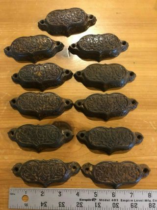 Vtg Set Of 11 Cast Iron Rustic Trunk/drawer Pulls Ornate Scrolling 4 "