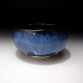 XH8: Vintage Japanese Pottery Tea bowl,  Mino ware,  Blue Glaze 2