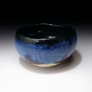 XH8: Vintage Japanese Pottery Tea bowl,  Mino ware,  Blue Glaze 4