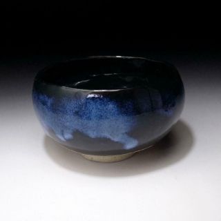 XH8: Vintage Japanese Pottery Tea bowl,  Mino ware,  Blue Glaze 5