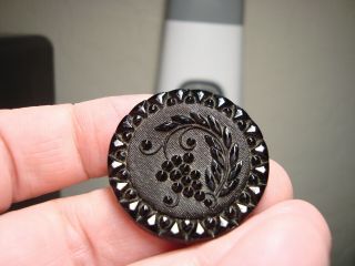 Antique Black Glass Lacy Grapes Plant Design Large Button