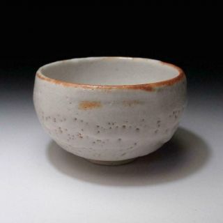 ER12 Vintage Japanese Pottery Tea bowl of Shino ware,  White glaze 2