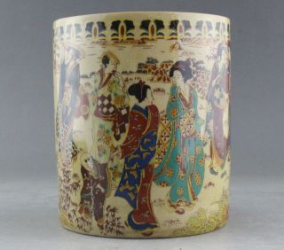 Old Chinese Palace Wucai Porcelain Kimono Woman Brush Pot Pencil Vase