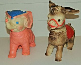 Sun Rubber Co Donkey & Elephant Squeaky Rolling Pull Toys 1961 Vintage