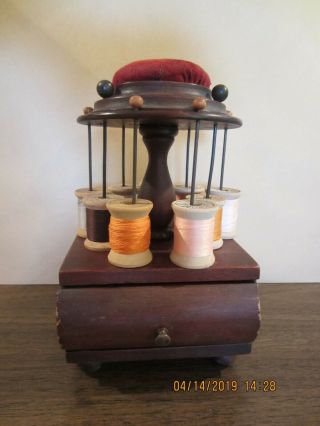 American 19th Century Wooden Spool Holder With Drawer And Pin Cushion On Top