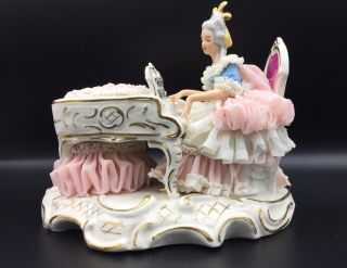 Wilhelm Rittirsch Dresden Porcelain Lace Figurine Lady Playing Piano Pink Dress