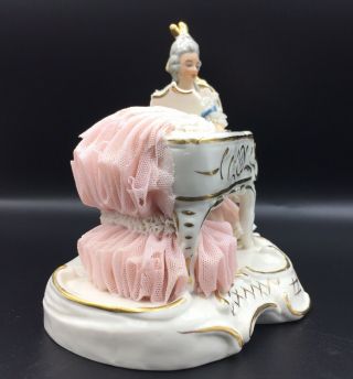 Wilhelm Rittirsch Dresden Porcelain Lace Figurine Lady Playing Piano Pink Dress 2