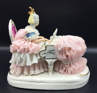 Wilhelm Rittirsch Dresden Porcelain Lace Figurine Lady Playing Piano Pink Dress 3