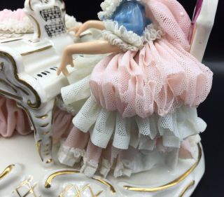 Wilhelm Rittirsch Dresden Porcelain Lace Figurine Lady Playing Piano Pink Dress 5