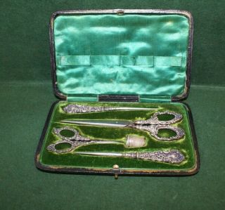 Antique Levi & Salaman Sterling Silver 5 Piece Sewing Set With Case