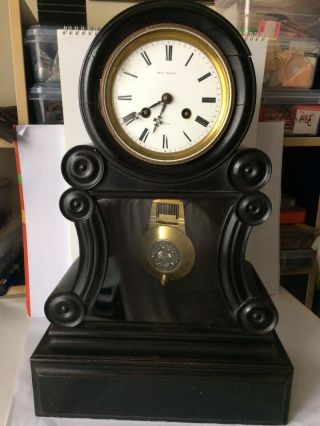 Large Drum Head Wood Ebonised Mantle Clock 19th Century 8 Day