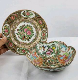 Antique Chinese Canton Famille Rose Medallion Lobed Bowl And Underplate
