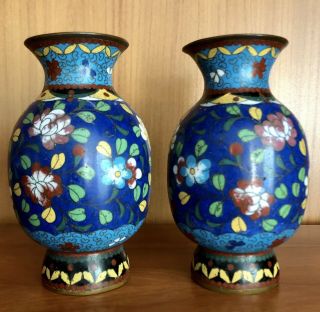 Antique Chinese Cloisonne 4 3/4” Vase Pair Matching Blue Floral Enamel