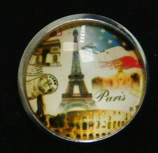 Vintage Collectible Button Eiffel Tower Print Under Glass In Metal C8