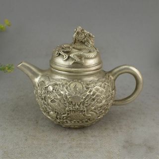 Chinese Tibetan Silver Traditional Folk Art Carved Dragon Shape Teapot