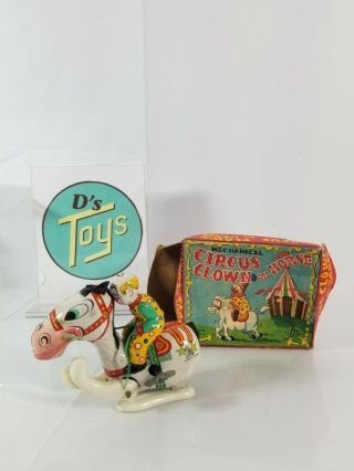 Vintage Tin Toy Mechanical Circus Clown On Horse