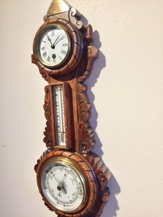 Antique Carved Oak Cased French Clock With Barometer And Thermometer