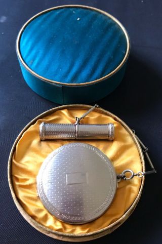 Rare 1920 Richard Hudnut Deauville Silver Compact & Lipstick Set W/ Display Box