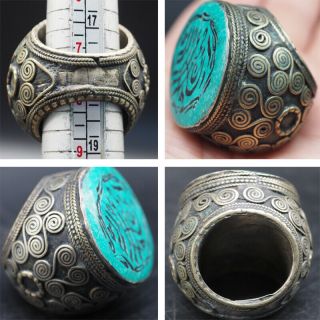 Rare Anitque Old Middle Easternturqouise Brass Ring Caligraphic Writng Sai112