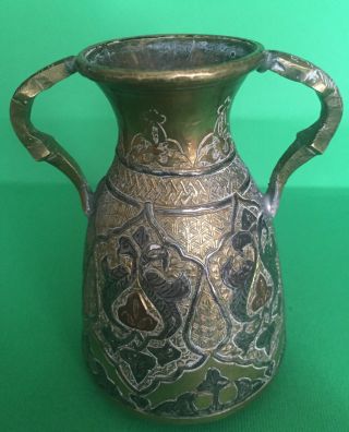 Antique Mamluk Revival Cairoware: Silver & Copper Overlay Brass Jug Double Hand