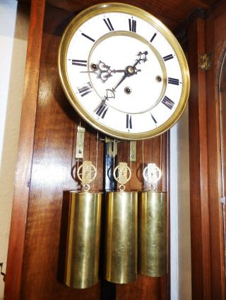 OLD 3 WEIGHT GRAND SONNERIE WALL CLOCK 1880 - 1900 9