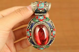 Chinese Rare Red Jade Inlay Tibet Silver Cloisonne Jewel Big Pendant