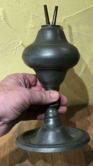 Large Antique American Pewter Whale Oil Lamp,  C.  1840