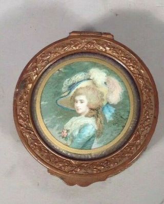 Antique Round Gilt Bronze French Box W Portrait Of A Lady