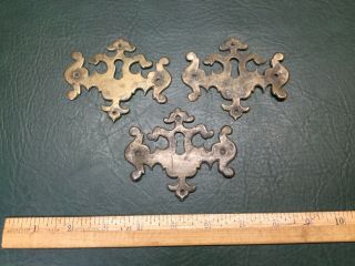 Set Of 3 Antique Solid Brass Escutcheons Chippendale Bat Wing Style