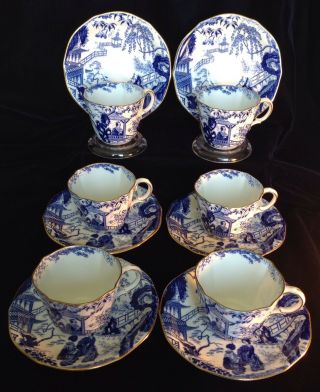 1911 Set Of 6 Royal Crown Derby White Blue Mikado Fine Bone China Cup Saucer