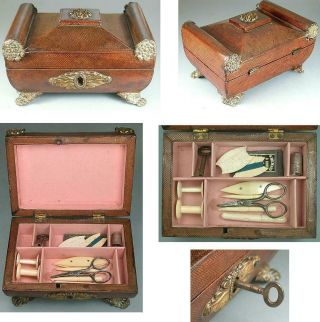 Antique Regency Leather Child ' s Sewing Workbox & Tools English Circa 1820 2