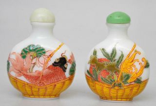 Two Chinese Peking Glass Snuff Bottle Flower Basket With Carps And Fruit Sigend