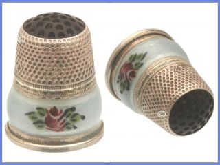 Enamel And Sterling Silver Thimble With Stone Top C.  1900s