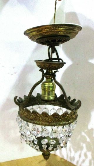 Vintage Baroque Style Brass Bronze Crown Style Cut Glass Hanging Light Fixture