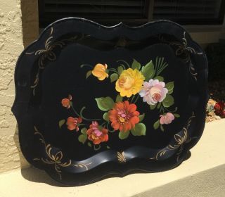 Large Vintage 50’s Hand Painted Scalloped Chippendale Tole Tray / Brilliant