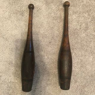 Vtg Solid Wood Juggling Pins Indian Clubs 18 " Tall Set Of 2 Circus Antique Brown