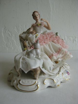 Antique 19th C Dresden Lace Porcelain Figurine Lady With French Bulldog Germany