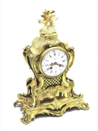 Antique Mantle Clock Lovely French 1900 ' s Embossed 8 day Gilt Rococo Bronze 3