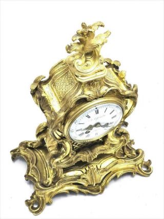 Antique Mantle Clock Lovely French 1900 ' s Embossed 8 day Gilt Rococo Bronze 4