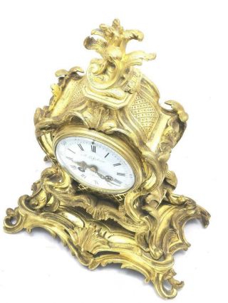 Antique Mantle Clock Lovely French 1900 ' s Embossed 8 day Gilt Rococo Bronze 5
