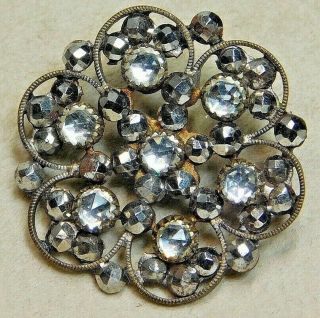 Antique Victorian Jewel Button Clear Pastes W/faceted Steels Open Work Brass C2