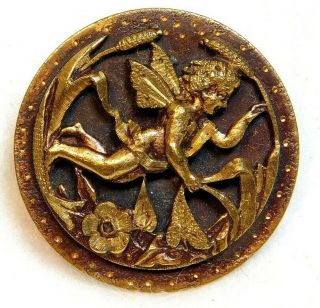 Antique Vtg Button 2 Piece Brass Japanned & Incised Angel W/draperies C2