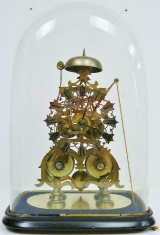 Rare Antique English 8 Day Twin Fusee Striking Skeleton Clock Under Glass Dome