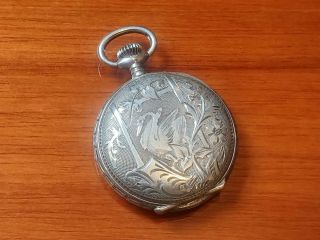 Small Vintage Swiss Pocket Watch,  Etched Silver - Plated Swan Case 31mm
