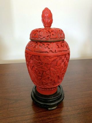 Chinese Hand Carved Cinnabar Red Lacquer Vase With Base And Top