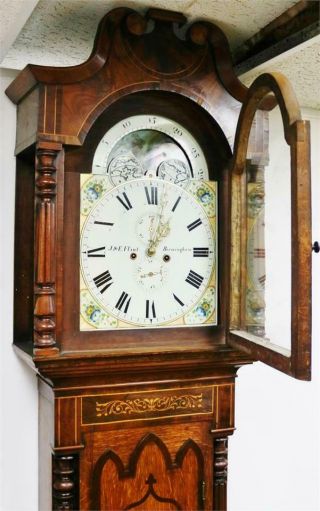 Antique English 19thC 8 Day Oak & Mahogany Moonphase Grandfather Longcase Clock 8