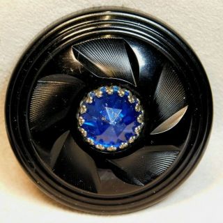 X - Large Antique Vintage Button Carved Black Bakelite Blue Gem B3