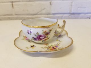 Vintage Uniquely Formed Porcelain Cup & Saucer W/ Hand - Painted Floral Dec.
