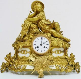 Antique French 8 Day Striking Bronze Ormolu & Marble Figural Mantle Clock